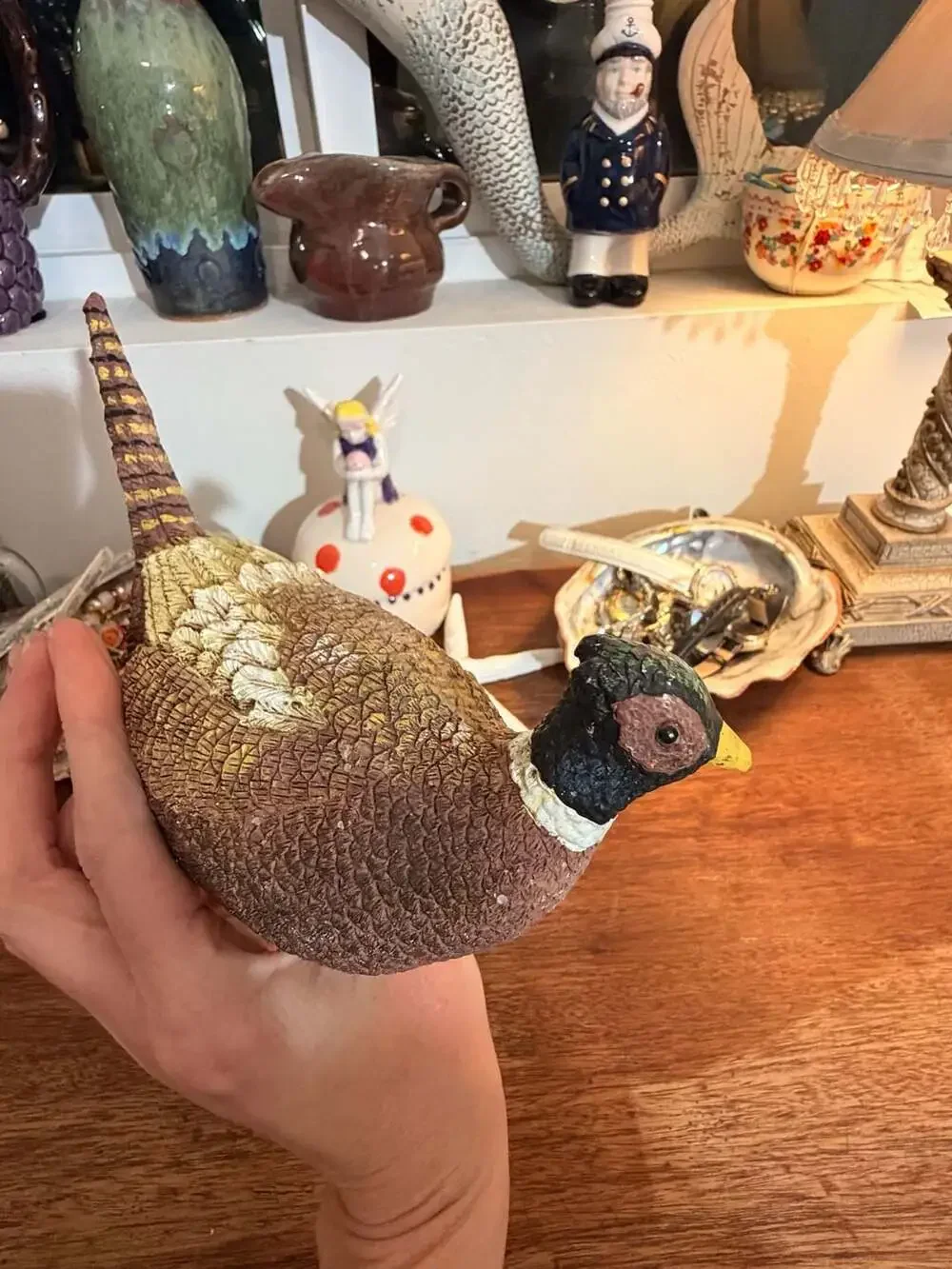 Vintage Handcrafted Resin Pheasant Bird Figurine Acorns Fall Leaves Decor